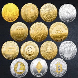 May include: A collection of gold and silver cryptocurrency coins, including Bitcoin, Ethereum, and Litecoin. Each coin features unique designs and logos, showcasing various digital currencies. The coins are arranged on a dark background.