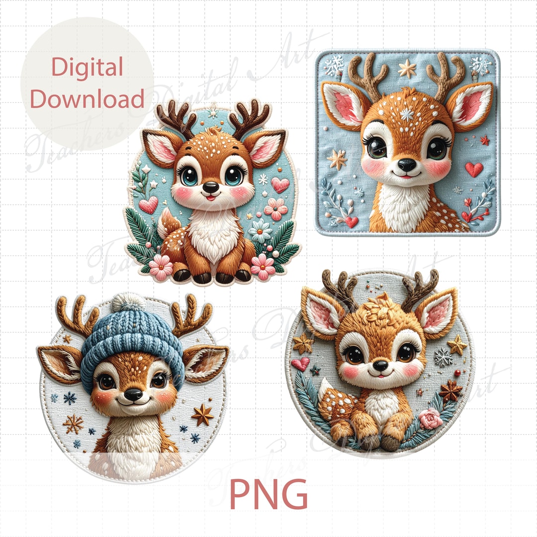 Cute Winter Baby Deer Clipart Set, Embroidery Style Reindeer PNG ...