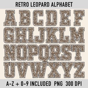 May include: A full alphabet set in a retro style, featuring a leopard print pattern. The letters A through Z, plus numbers 0-9, are included. The design has a distressed, vintage look with a cream-colored background and dark brown outlines.