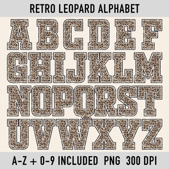 Retro Distressed Leopard Varsity Alphabet PNG Bundle, Cheetah Letter Number Clipart Set, Custom Name Shirt Font, Sublimation Cricut DTF