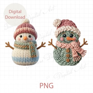 May include: Two knitted snowman figures. One is white, blue, and beige, wearing a pink hat and scarf. The other is green, wearing a pink hat and scarf. Both have twig arms and carrot noses. The image has the text "Digital Download" and "PNG".