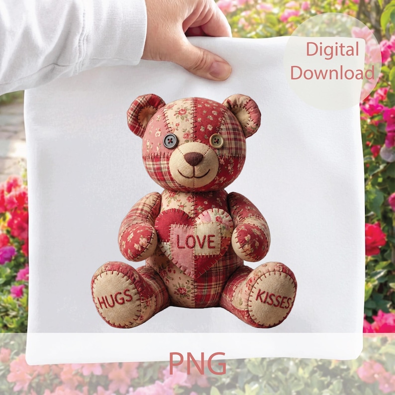 Valentine Patchwork Teddy Bear PNG – Love Hugs Kisses Clipart, Romantic ...
