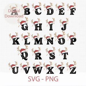 Monograma de Natal de Rena Svg, Pacote de Alfabeto de Natal SVG, Alfabeto de Rena A-Z Png, Letras de Chapéu de Papai Noel Png, Família de Férias Png