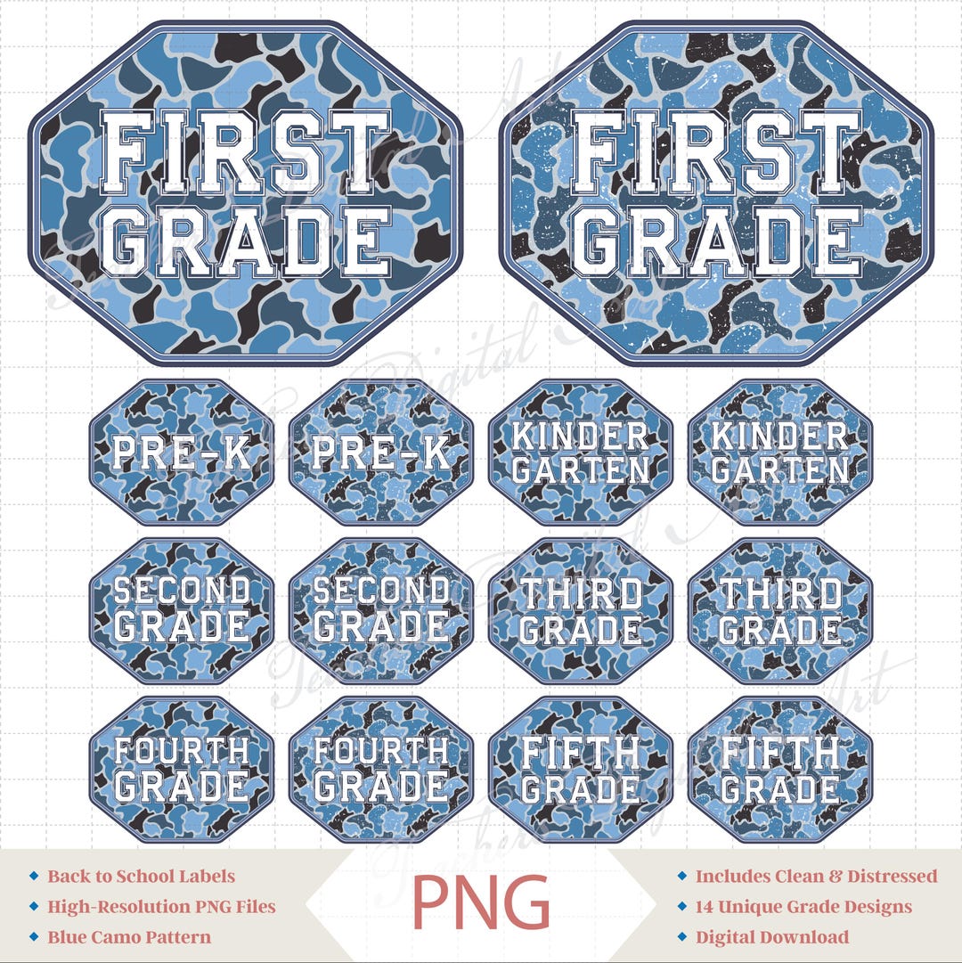 Preppy Math Signs Blue Blue Camo Back to School Labels PNG, Grade Signs Pre-k to 5th, Clean ...