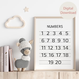 Schwarz & Weiß Poster bis 20 zählen, 1-20 Zahlen, Lernposter mit Zahlen, Lernposter für Homeschool, Montessori-Klassenzimmerdekor