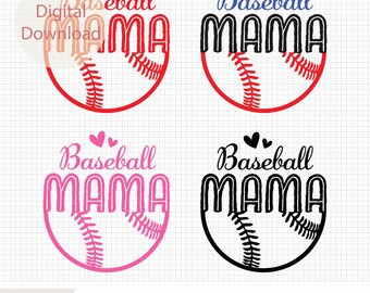 Może przedstawiać: Cztery warianty projektu o tematyce baseballowej z tekstem "Baseball Mama" w retro czcionce. Piłka baseballowa jest czerwona, różowa, czarna i niebieska.