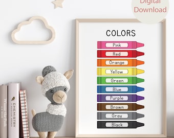 Könnte beinhalten: Eine druckbare Tabelle mit dem Wort "COLORS" oben und einer Reihe von Buntstiften mit den Farbnamen "Pink", "Rot", "Orange", "Gelb", "Grün", "Blau", "Lila", "Braun", "Grau" und "Schwarz" unter jedem Buntstift.
