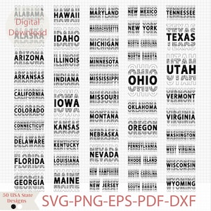 May include: A digital download of 50 black and white state names with a leopard print design. The state names are stacked on top of each other and the text "SVG-PNG-EPS-PDF-DXF" is at the bottom of the image.