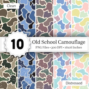 Old School Camo Seamless Patterns, Distressed & Clean Camo Backgrounds, Retro Army Camouflage Digital Papers, Duck Hunting Camo PNG Design