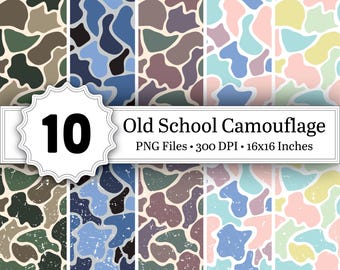 Old School Camo Seamless Patterns, Distressed & Clean Camo Backgrounds, Retro Army Camouflage Digital Papers, Duck Hunting Camo PNG Design