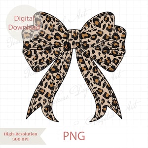 Puede incluir: Imagen de descarga digital de un gran lazo con estampado de leopardo. El lazo es de color beige con manchas negras y tiene largas colas fluidas. La imagen también incluye el texto "Descarga digital", "Alta resolución 300 DPI" y "PNG".