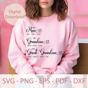May include: A pink sweatshirt with black text that reads "First Mom Est. 1970 Liam - Noah - Oliver Then Grandma Est. 2003 James - Elijah - Olivia Now Great Grandma Est. 2024 Emma - Amelia - Sophia - Rose"