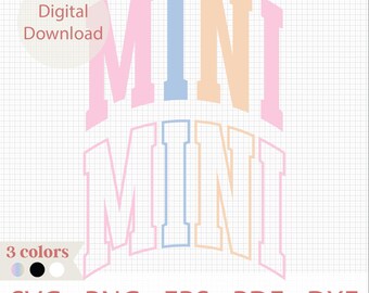 May include: A digital download of a design for a "MINI" graphic in pink, blue, and orange. The design is in a bold, blocky font.