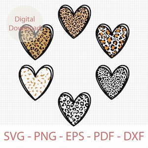 Puede incluir: Conjunto de seis archivos de corte digital en forma de corazón con diseños de estampado de leopardo. Los corazones están en contornos negros con diferentes patrones de estampado de leopardo en marrón, negro, blanco y dorado.