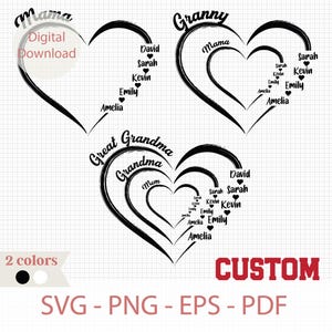 Nome de família de coração personalizado SVG, pacote SVG personalizado de avó e mãe, download digital de presente de Dia das Mães, arquivo de corte de coração floral para Cricut