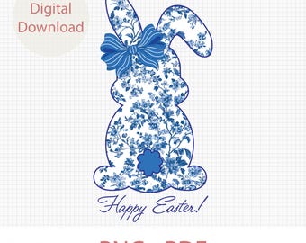 Blue Floral Chinoiserie Bunny Png, Blue Toile Easter Rabbit Png, Grand Millennial Easter Png, Easter Coquette Bunny Png, Spring Bow Bunny