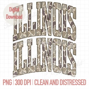 May include: A digital graphic design featuring the word ILLINOIS written twice in a block varsity font. The letters have a brown and tan camouflage pattern with a distressed texture. The text is arranged in two rows against a white grid background.