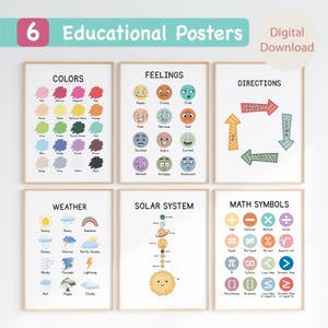 Juego de 6 carteles educativos imprimibles, herramientas de aprendizaje para preescolar y primaria, impresiones para salas de juegos de educación en el hogar, arte de pared para niños, carteles Montessori