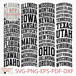 May include: A black and white graphic design featuring the names of all 50 US states arranged in a curved, stacked format. The text "SVG-PNG-EPS-PDF-DXF" is at the bottom of the design.