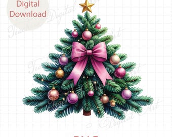 Albero di Natale rosa PNG, Clipart natalizio carino, Design per maglietta con albero con fiocco rosa, Sublimazione natalizia, Decorazioni natalizie pastello, Download digitale