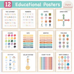 12 carteles educativos para niños, herramientas de aprendizaje preescolar y primaria, impresiones para la educación en el hogar, arte mural para niños, carteles de aprendizaje Montessori