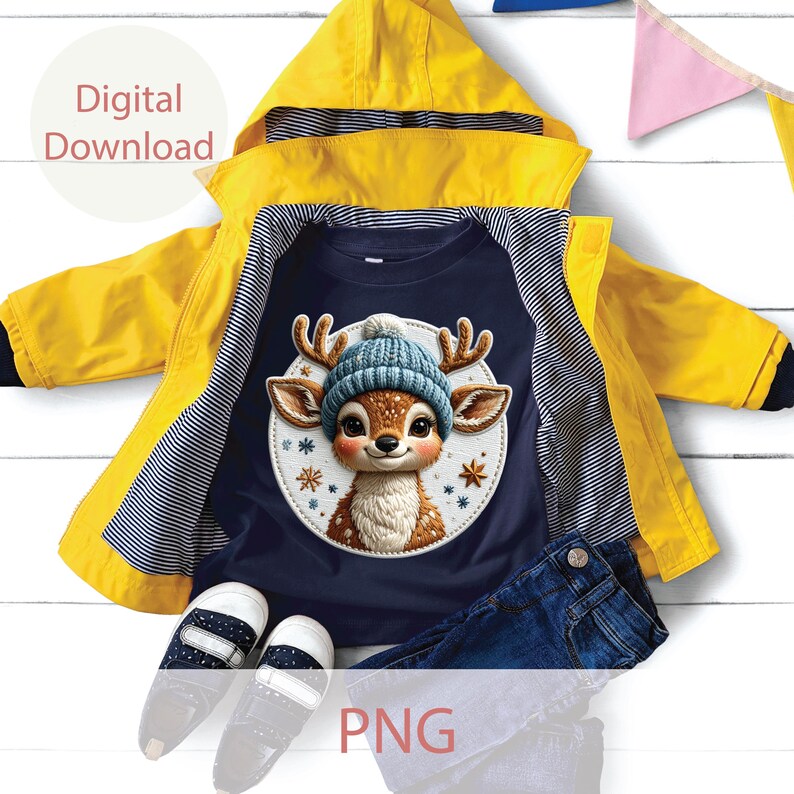 Cute Winter Baby Deer Clipart Set, Embroidery Style Reindeer PNG ...