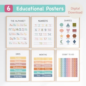 Juego de 6 carteles educativos imprimibles, herramientas de aprendizaje para preescolar y primaria, póster imprimible para educación en el hogar, arte de pared para niños, póster Montessori