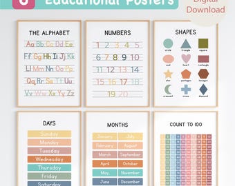 Educational Posters Set: Alphabet, Numbers, Shapes - Montessori Wall Art (Digital Download)