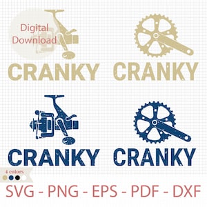 以下が含まれることがあります： デジタルダウンロードグラフィック。ベージュとブルーの釣りリールと自転車のクランクセットのイラスト。各画像の下に「CRANKY」の文字。ファイル形式にはSVG、PNG、EPS、PDF、DXFが含まれます。