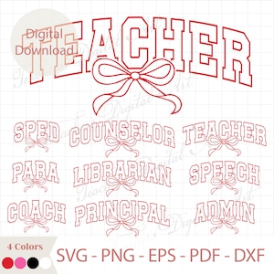 Könnte beinhalten: Rote digitale Download-Grafik mit dem Wort "TEACHER" in einer College-Schriftart, mit einer Schleifengrafik. Zusätzlicher Text enthält "SPED", "COUNSELOR", "PARA", "LIBRARIAN", "SPEECH", "COACH", "PRINCIPAL" und "ADMIN".