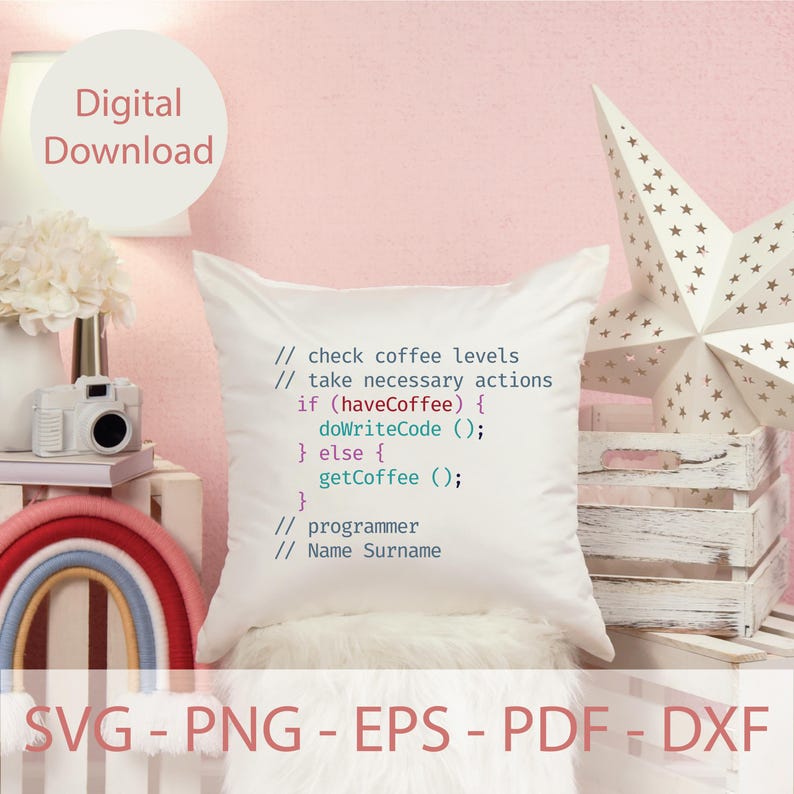 May include: White pillow with a code snippet that reads: // check coffee levels // take necessary actions if (haveCoffee) { doWriteCode(); } else { getCoffee (); } // programmer // Name Surname