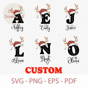 Monograma navideño personalizado Svg, alfabeto de renos personalizado A-Z Png, letras de gorro de Papá Noel Png Eps Pdf, familia de vacaciones personalizada Png
