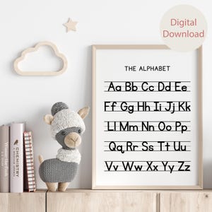 Schwarz & Weiß Alphabet Poster, Homeschool Lernposter, Montessori Klassenzimmer Dekor, Handschrift Chart Print, ABC Lernwandkunst