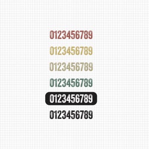 May include: A grid background with six rows of the numbers 0123456789 in various colors. The top row is a reddish-brown, followed by gold, beige, teal, black with white text, and finally black.