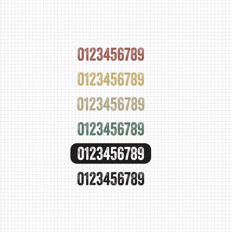 May include: A grid background with six rows of the numbers 0123456789 in various colors. The top row is a reddish-brown, followed by gold, beige, teal, black with white text, and finally black.