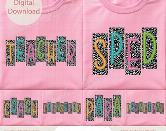 Könnte beinhalten: Rosa digitaler Download mit sechs Bildungstiteln: TEACHER, SPED, COACH, COUNSELOR, PARA und PRINCIPAL. Jeder Titel ist in einer fetten, von Notizbüchern inspirierten Schriftart mit farbenfrohen Akzenten gehalten. Das Bild enthält den Text "PNG".