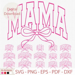 Lazo mini de abuela y mamá (Svg), lazo coqueto para mamá (Svg), lazo universitario para mamá (Svg), lazo universitario mini (Png), camisa familiar a juego para el Día de la Madre (Svg), Nana (Svg)