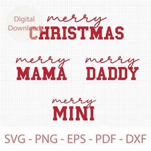 Puede incluir: Texto rojo sobre fondo blanco que dice "merry CHRISTMAS", "merry MAMA", "merry DADDY" y "merry MINI".