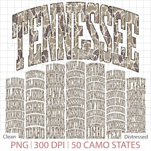 Alla 50 stater Camo Varsity PNG, Tennessee Duck Hunting Style, USA College Letters, Distressed & Clean GameDay Sublimation Cricut DTF Download