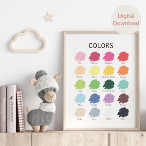 Póster educativo digital de colores, impresiones de aprendizaje en el hogar, póster Montessori de colores, decoración del aula, póster para aprender colores, arte de pared para niños