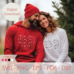 Op de afbeelding: Een stel draagt ​​passende rode en witte sweatshirts met een hartvormig ontwerp gemaakt van kleine hartjes en lijnen. De tekst "Digitaal downloaden" staat bovenaan de afbeelding. De tekst "SVG - PNG - EPS - PDF - DXF" staat onderaan de afbeelding. Er worden vier kleur opties weergegeven: roze, zwart, wit en grijs.