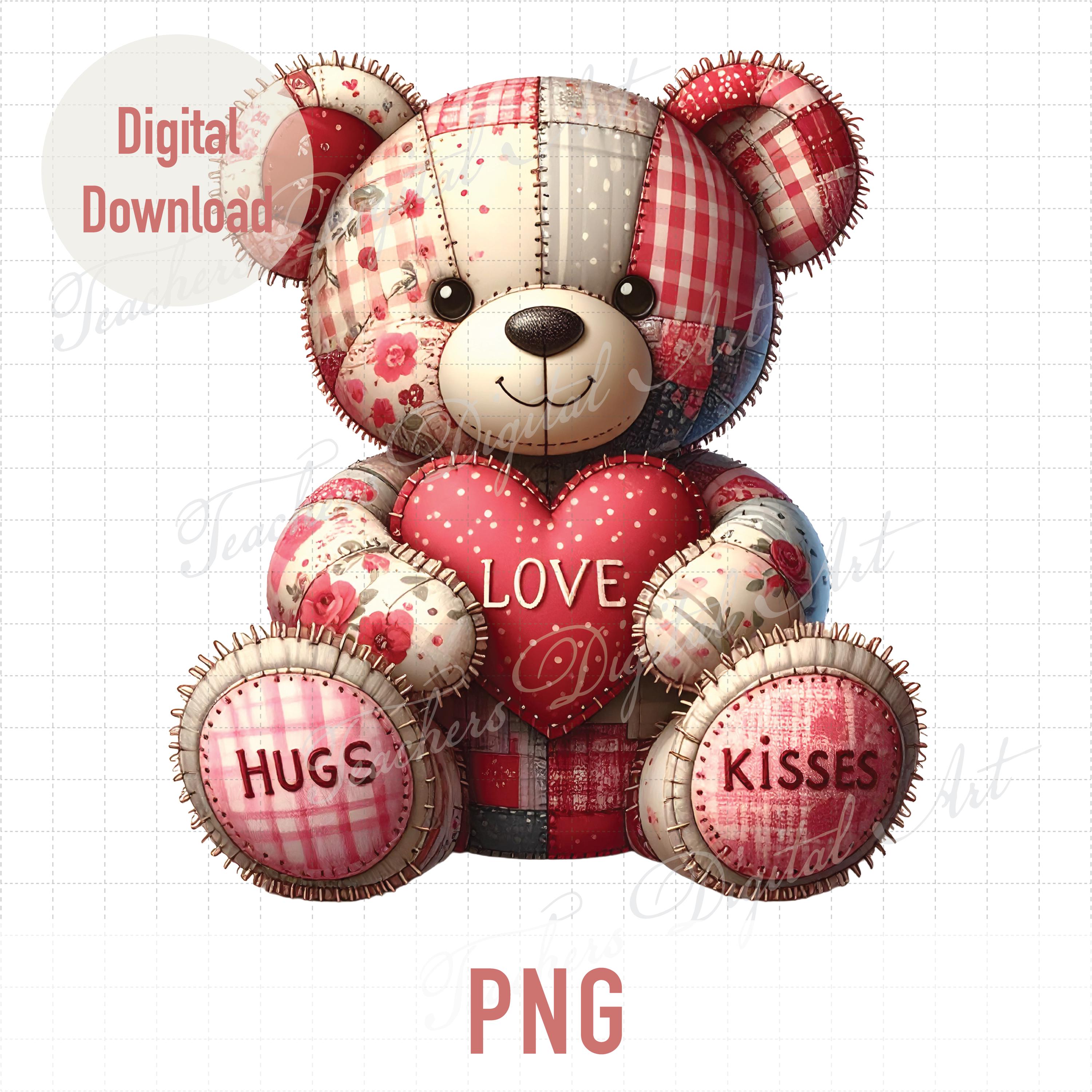 Valentine Patchwork Teddy Bear PNG – Love Hugs Kisses Clipart, Cute ...