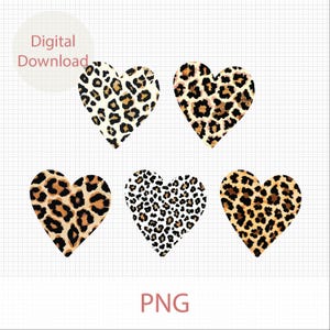 May include: Set of five digital clipart images of leopard print hearts. The hearts are in various shades of brown, black, and white.