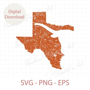 May include: A distressed orange graphic of the state of Texas with a white longhorn silhouette. The words "Digital Download" are in a white circle in the upper left. The bottom of the image has the words "SVG - PNG - EPS".