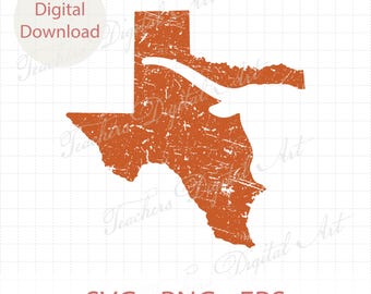 May include: A distressed orange graphic of the state of Texas with a white longhorn silhouette. The words "Digital Download" are in a white circle in the upper left. The bottom of the image has the words "SVG - PNG - EPS".