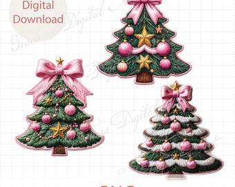 Árbol de Navidad rosa PNG, imágenes prediseñadas navideñas estilo bordado falso, diseño de pino navideño, adorno rosa para árbol de Navidad, decoración navideña retro