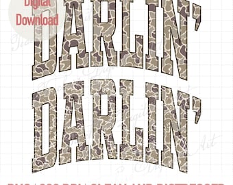 Duck Camo Varsity DARLIN PNG, Design per maglietta con carattere Hunting College, Lettere mimetiche DARLIN pulite e rovinate, Download di sublimazione del sud