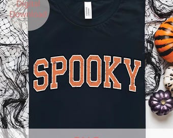 不気味なPNGデジタルダウンロード、ユーズド加工のハロウィンカレッジシャツデザイン、レトロなバーシティオレンジの黒文字、秋シーズンの昇華転写