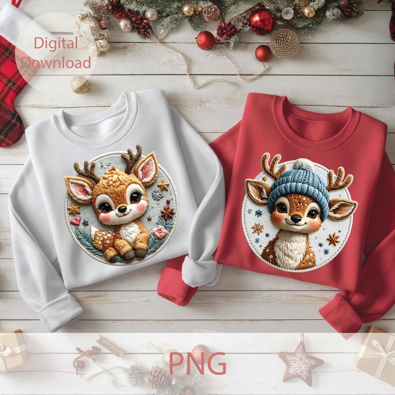 Cute Winter Baby Deer Clipart Set, Embroidery Style Reindeer PNG ...