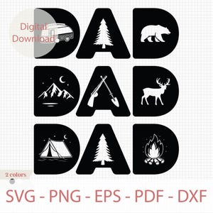 Puede incluir: Diseño de descarga digital en blanco y negro para una tarjeta del Día del Padre o una camiseta. El diseño dice "DAD" con cuatro imágenes diferentes que representan actividades al aire libre: una caravana, montañas, un rifle y una pala, un ciervo y una fogata.